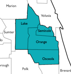 map of Lake, Seminole, Orange and Osceola counties